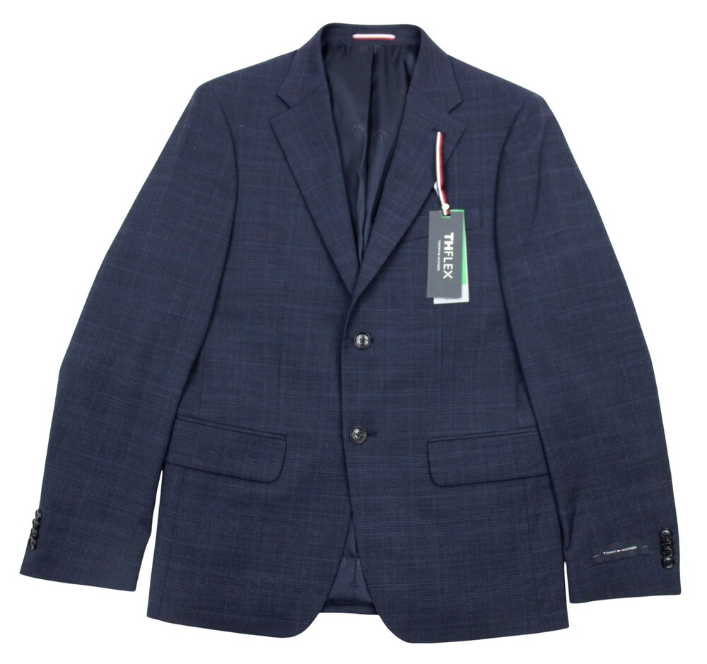 $450 Tommy Hilfiger Sport Coat 36 R Modern Fit Navy Plaid TH Flex Blazer Jacket
